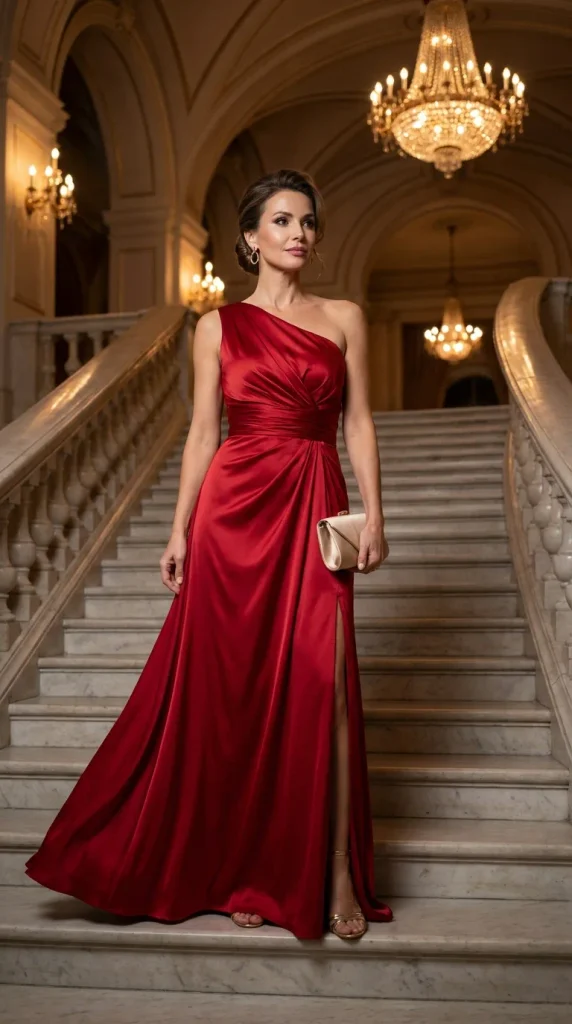 A photograph of an elegant woman standing on a grand indoor marble staircase, wearing a red satin one-shoulder maxi gown with a side slit, styled with a small neutral clutch and gold strappy sandals.