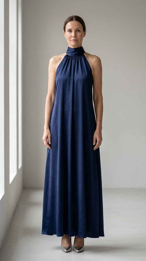 A full-length photograph of a woman wearing a flowing navy blue satin maxi dress with a high gathered halter neckline, paired with silver pointed-toe high heels.