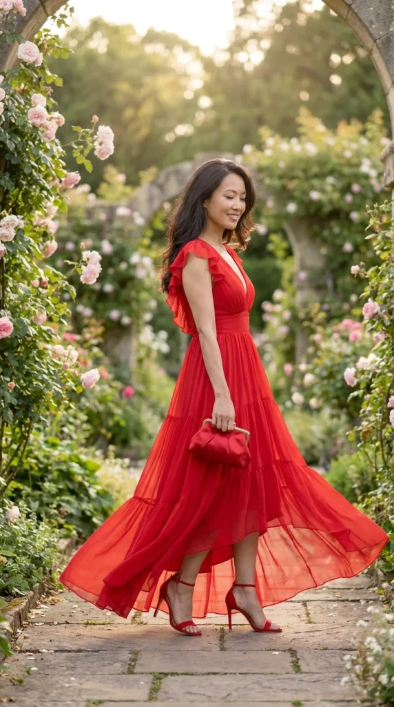 A photograph of a joyful woman twirling on a lush garden path, wearing a flowing red chiffon dress with ruffled cap sleeves and a tiered high-low skirt, accessorized with a red clutch and red strappy heels.